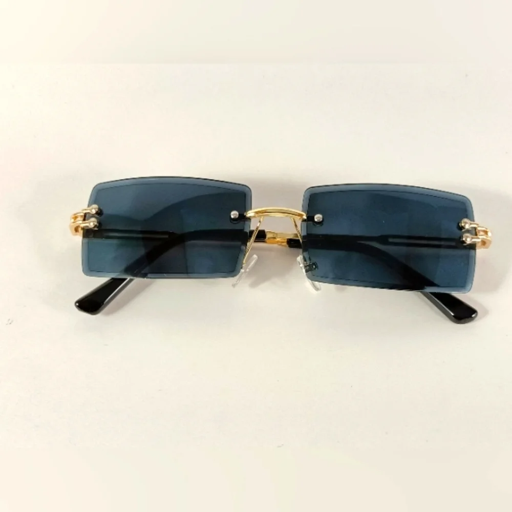 Rimless Rectangular Sunglasses Black Unisex Metal Frame